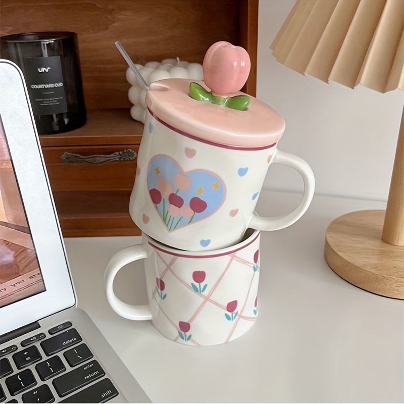 Tulip Ceramic Mug With Lid Spoon Straw Floral Cute Water Cup - Temu