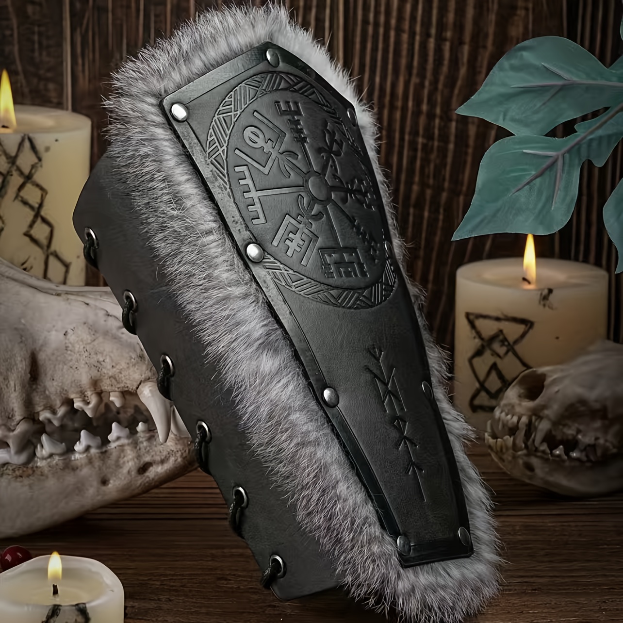 1 Pair Nordic Viking Vegvisir Embossed Arm Bracers Medieval PU Leather Arm  Guards Viking Leather Bracers Cosplay Jewelry 