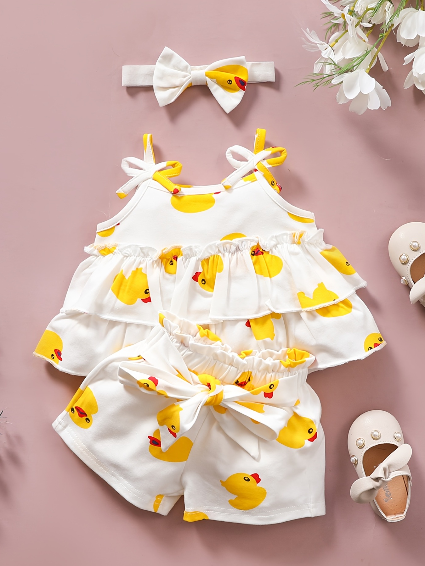 Baby Girls Cute Duck Pattern Camisole Top Shorts Headband - Temu