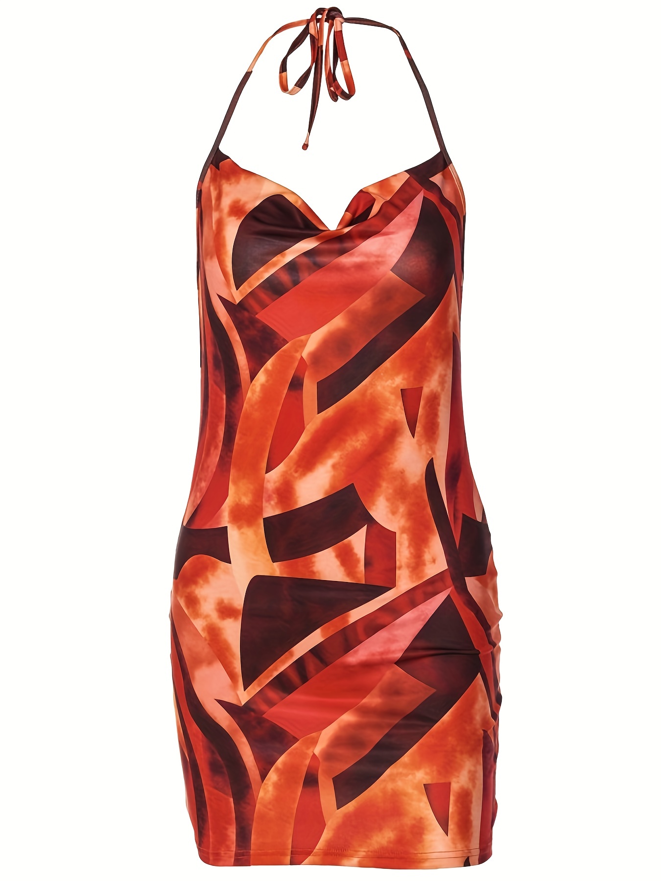 Abstract Print Halter Neck Dress Sexy Sleeveless Summer - Temu