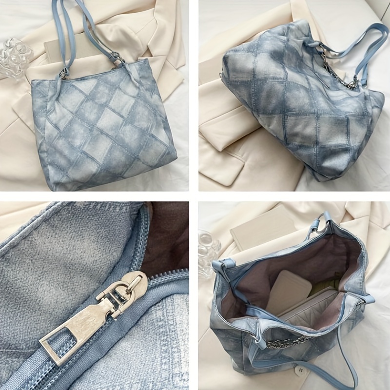 Rhombus Pattern Denim Tote Bag, Trendy Chain Shoulder Bag, Women's