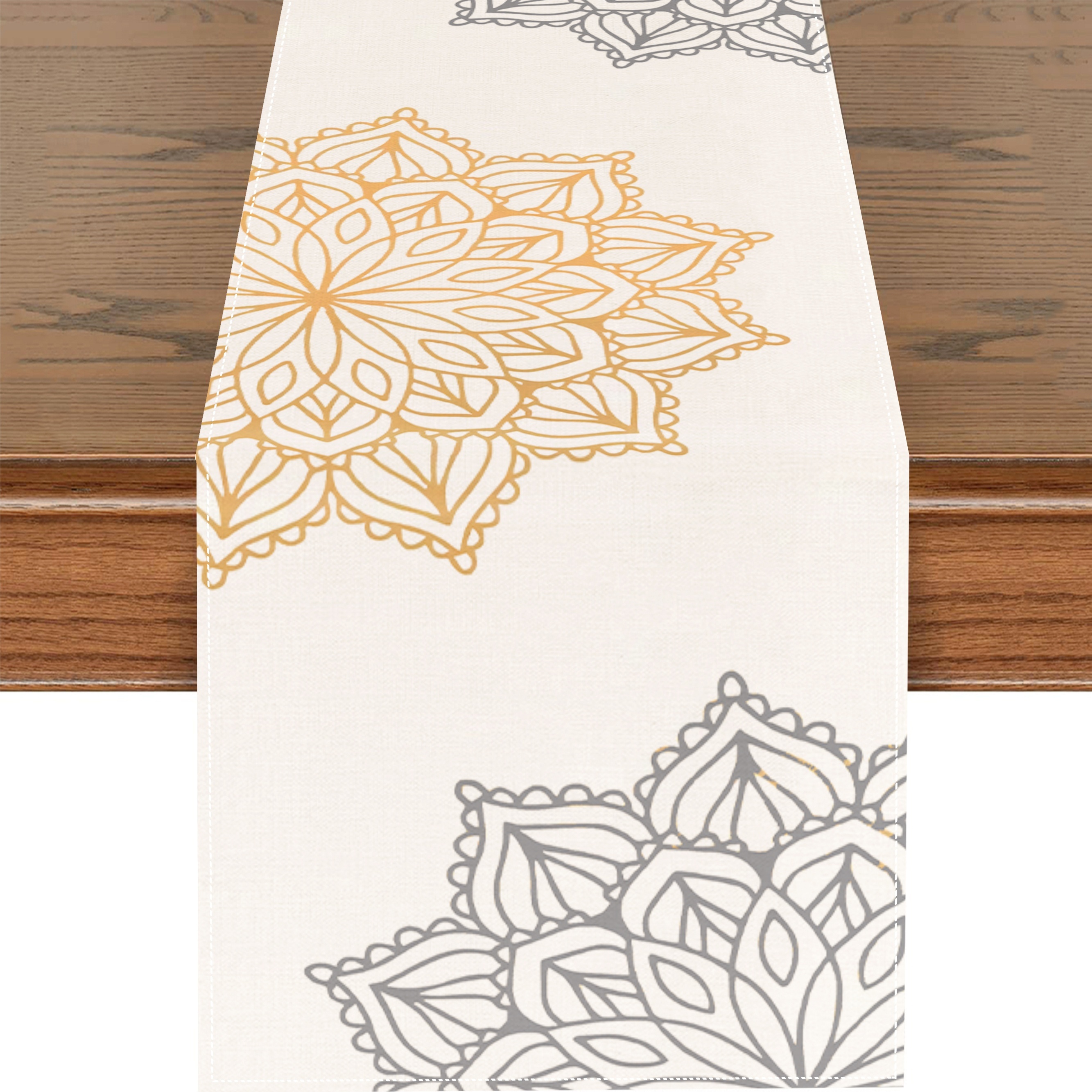 TEMU 1pc Yellow Gray Floral Table Runner 13x72 Inches, Abstract Gray White Kitchen Dinner Dining Table Runners, Retro Mandala Table Runner For Table