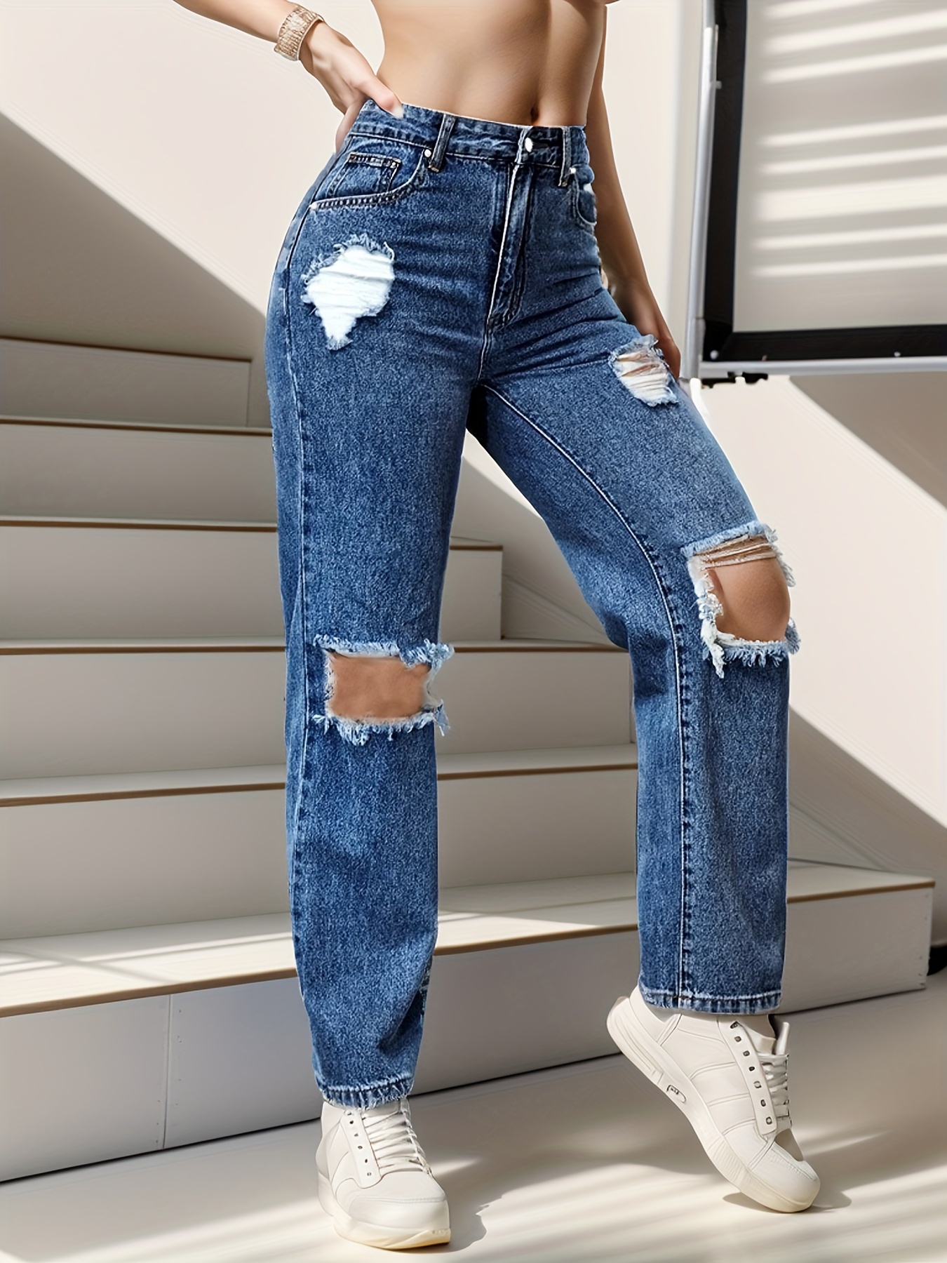 Ripped Holes Casual Straight Jeans Loose Fit Slant Pockets - Temu