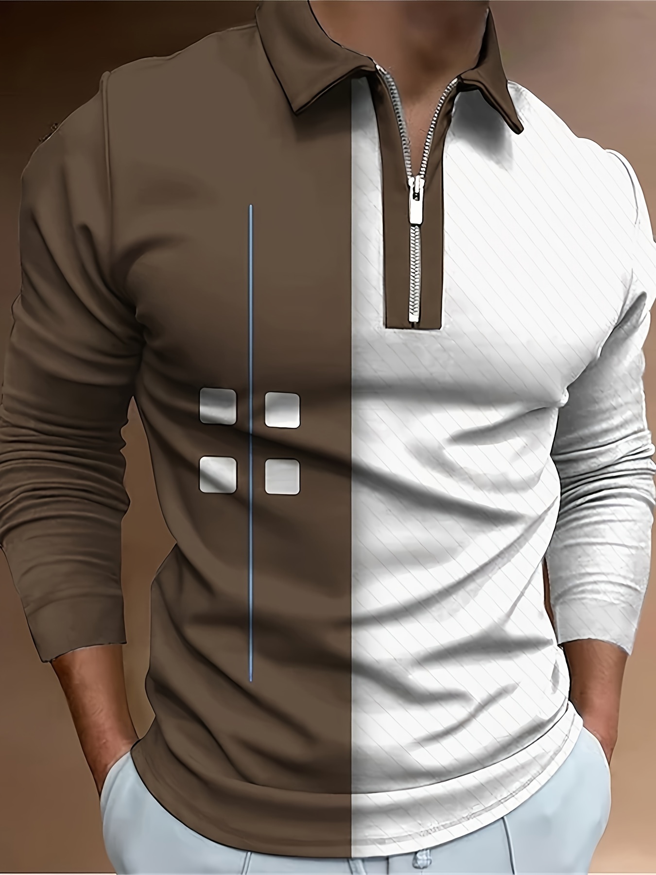 Buy Men's Fashion Design Lapel Long Sleeve Polo Shirt Colorblock