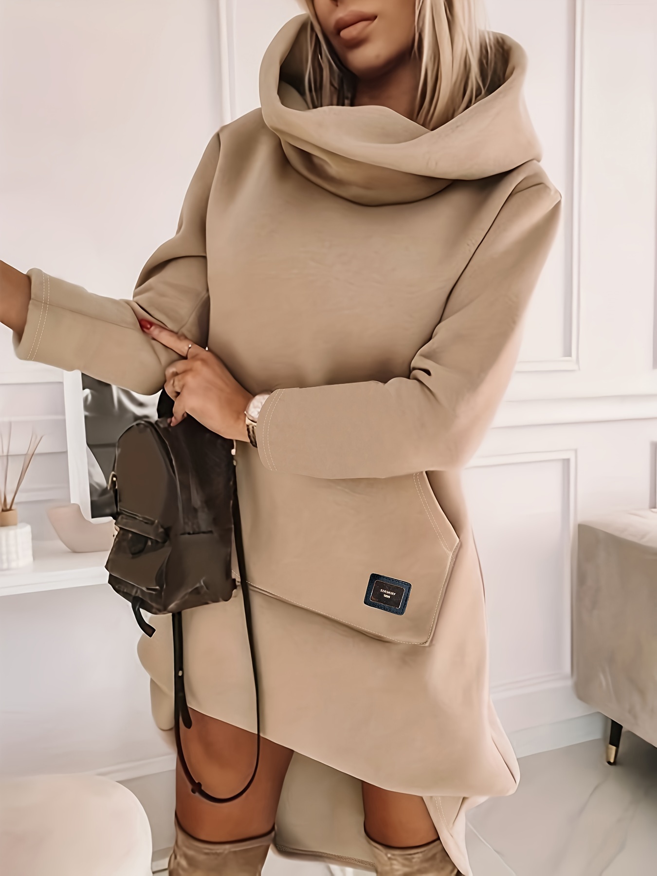 Solid Long Sleeve Hooded Knit Dress Casual Drawstring - Temu Canada