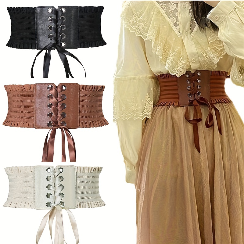 Solid Color Corset Wide Belts Classic Lace Up Bowknot Pu Waistband