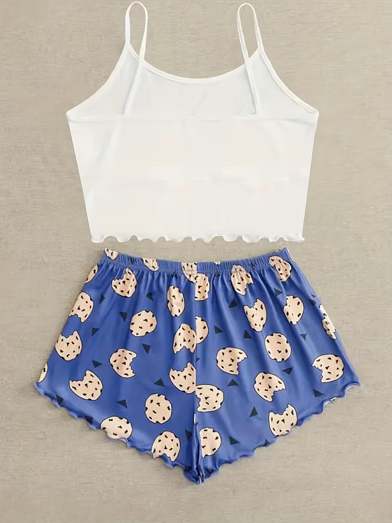 Cookies Print Pajama Set Crew Neck Cami Top & Elastic Waistband