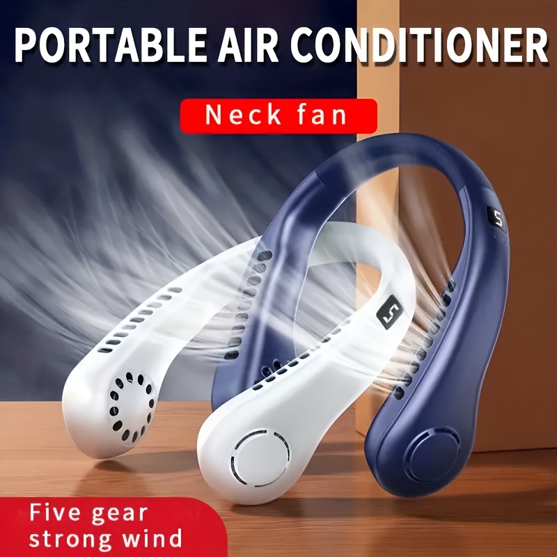 

1pc Portable Leafless Usb Charging Hanging Neck Fan, Twin Turbo Quiet Wind Led Digital Display 5-speed Adjustment Neck 360° Silicone Adjustable, Suitable For Summer Outdoor Activities And Camping