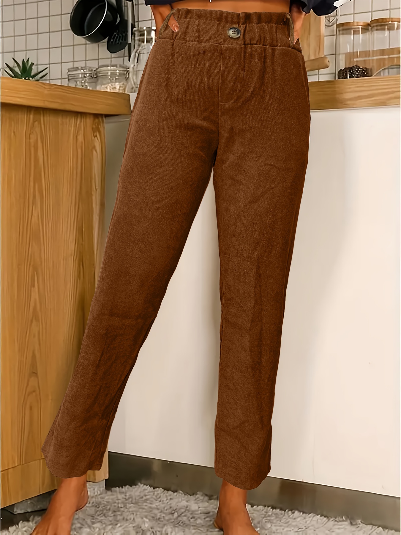 Solid Corduroy Straight Leg Pants Vintage High Waist Pocket - Temu