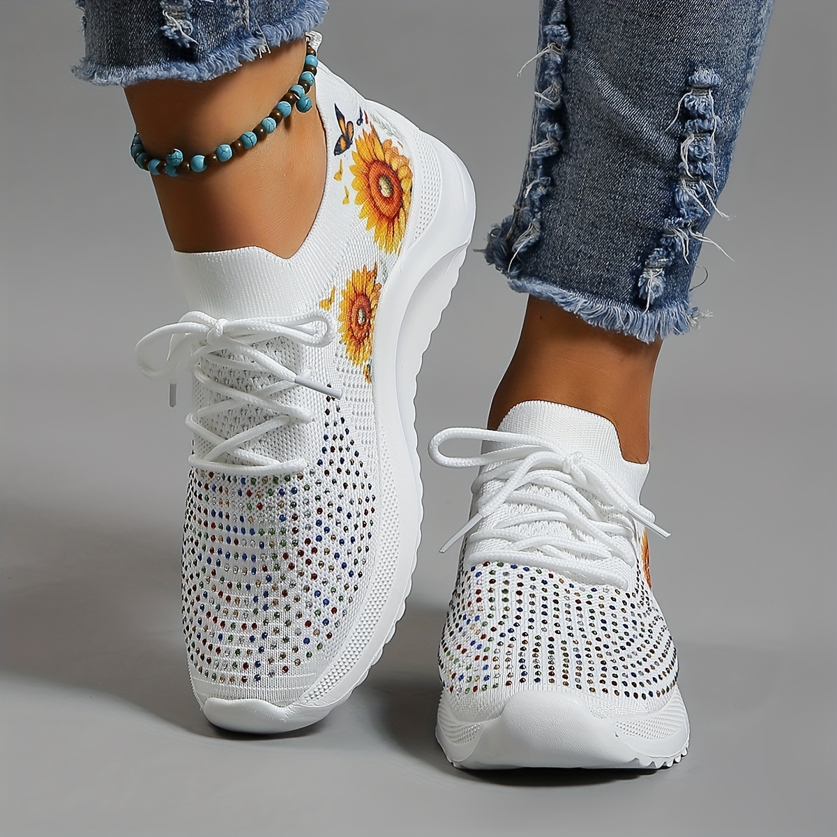 Solid Color Mesh Shoes, Women's Rhinestone Mesh Breathable Tennis Sports Lightweight,Temu