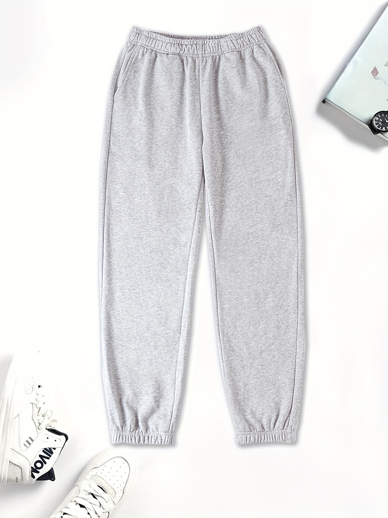 Basic Plain Sweatpants For Girls High Waisted Workout Active Joggers Pants, Relaxed Fit & Street Style