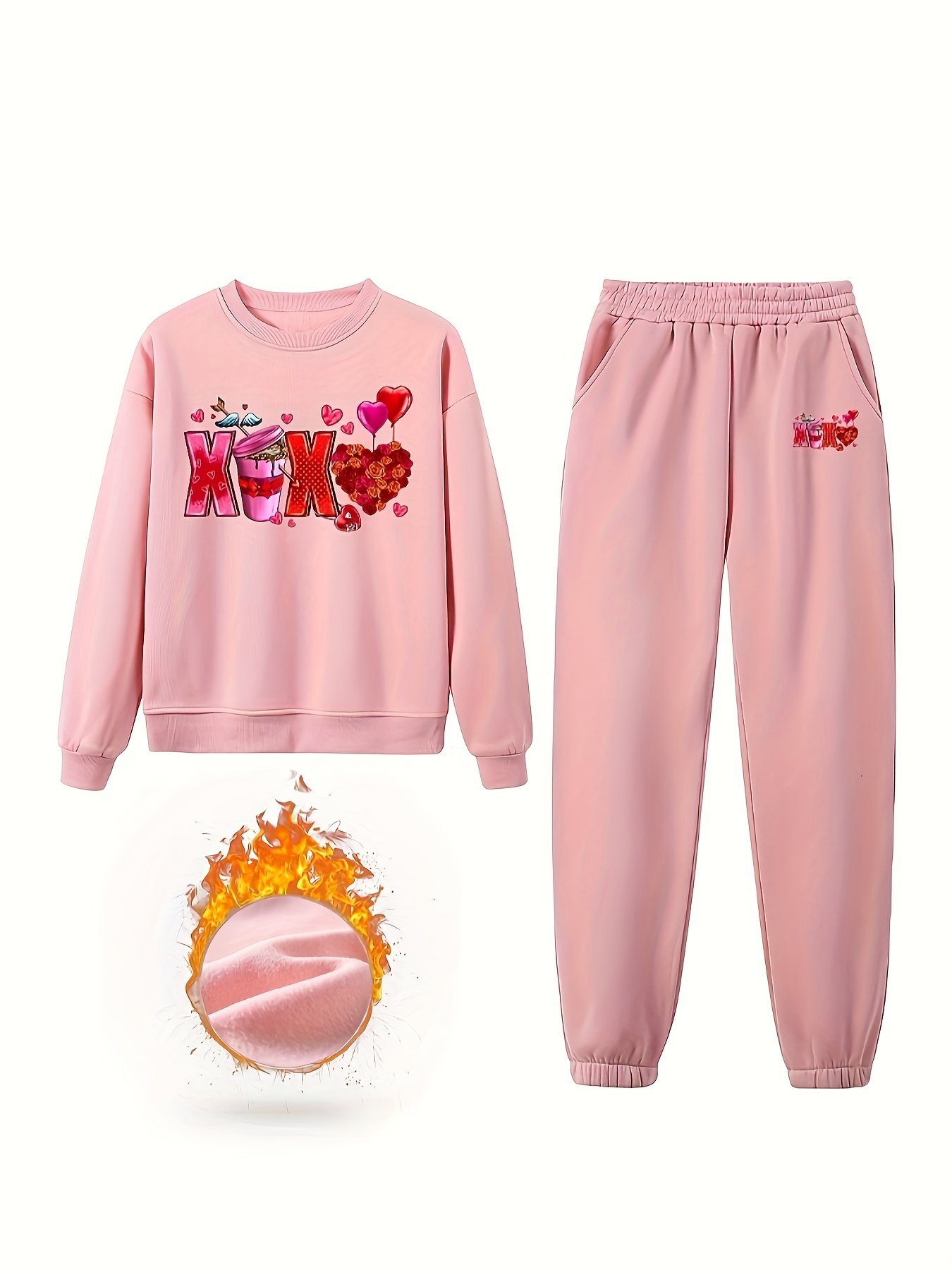 Floral Print Fleece Two piece Set Casual Long Sleeve - Temu