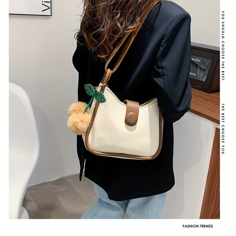 Minimalist Colorblock Bucket Bag, All-match Turn-lock Shoulder Bag