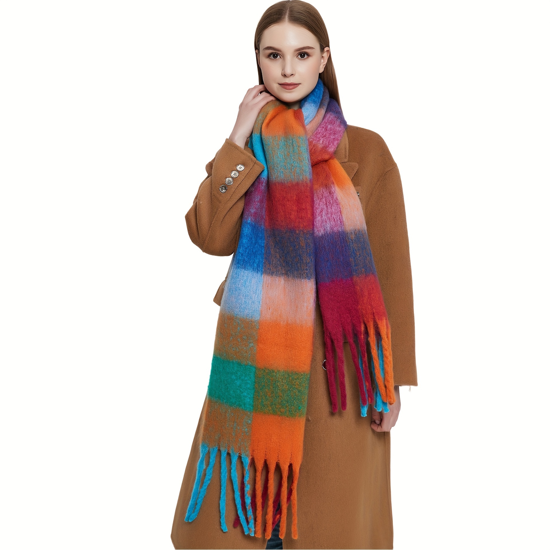 

Rainbow Grid Tassel Chunky Scarf Imitation Mohair Thick Warm Shawl Autumn Winter Outdoor Windproof Matching Long Scarf