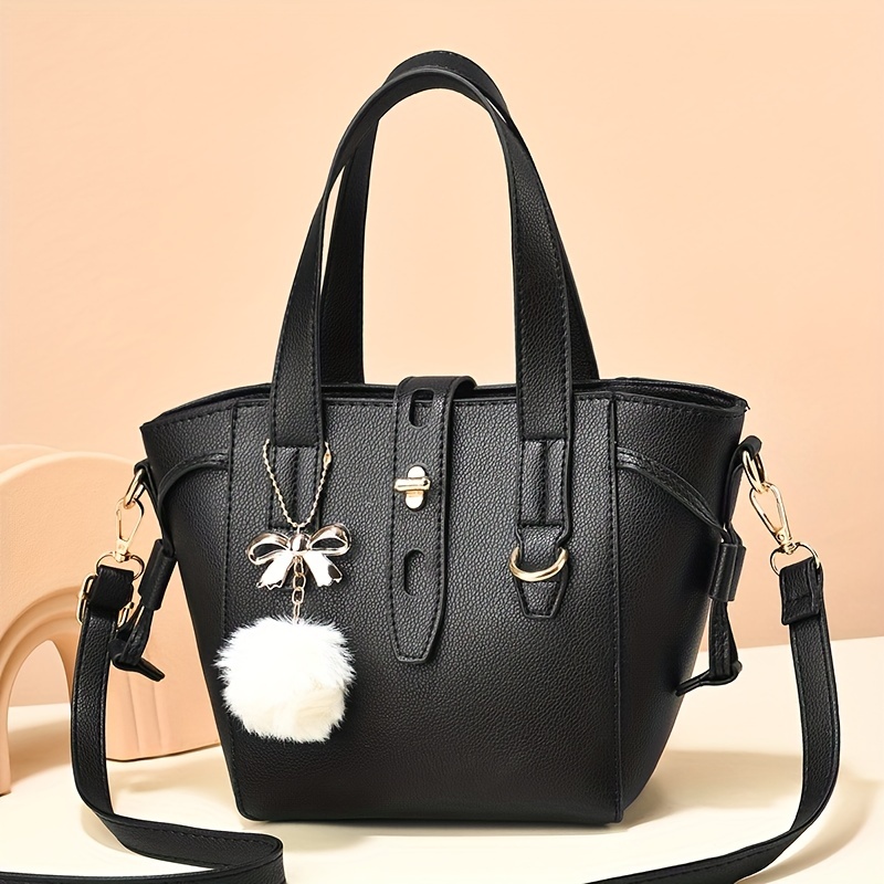 PU Leather Handbag Pompom Decor Crossbody Bag Women's Top Handle Purse