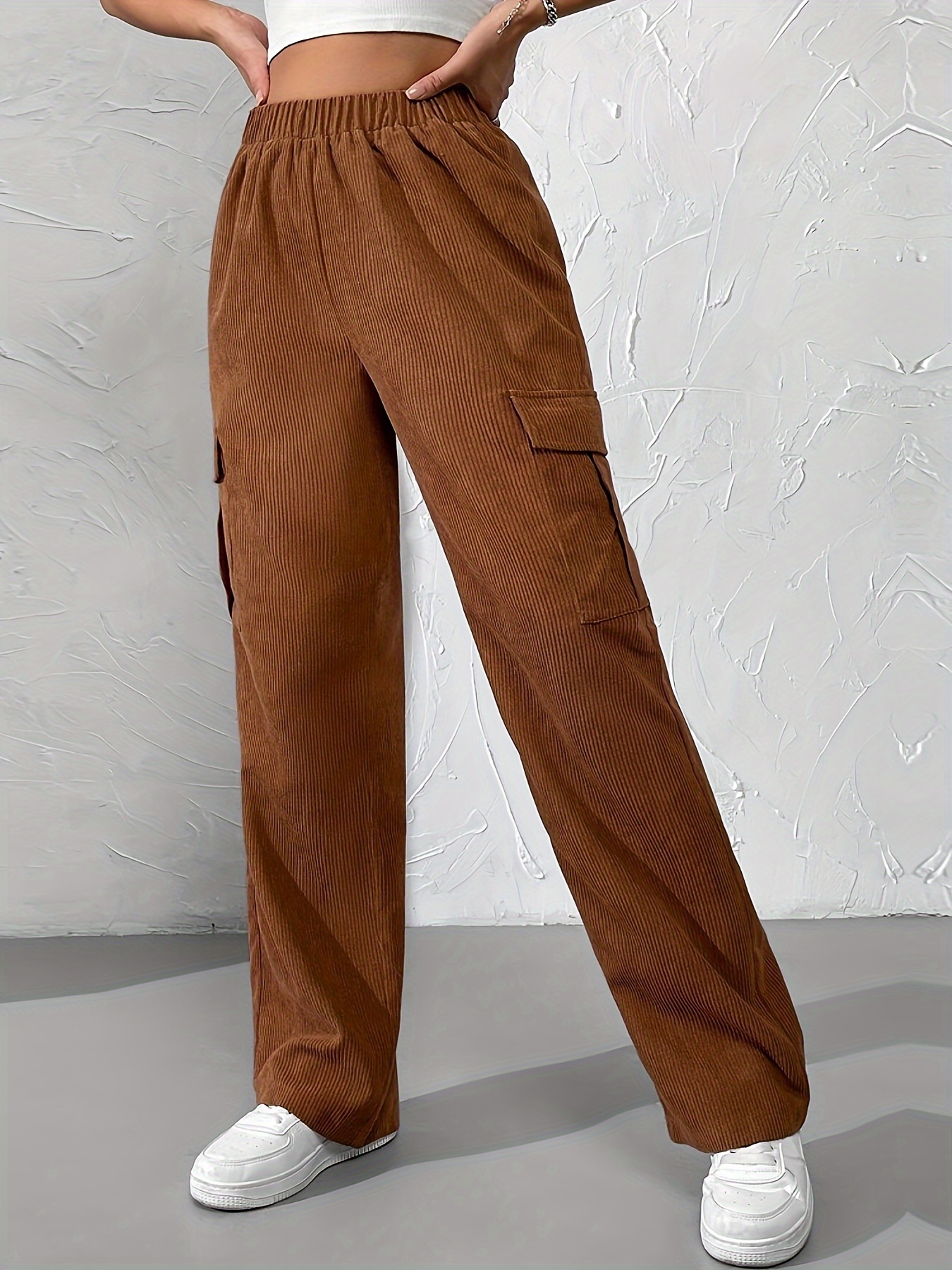 Solid Corduroy Cargo Pants Casual Elastic Waist Pants - Temu