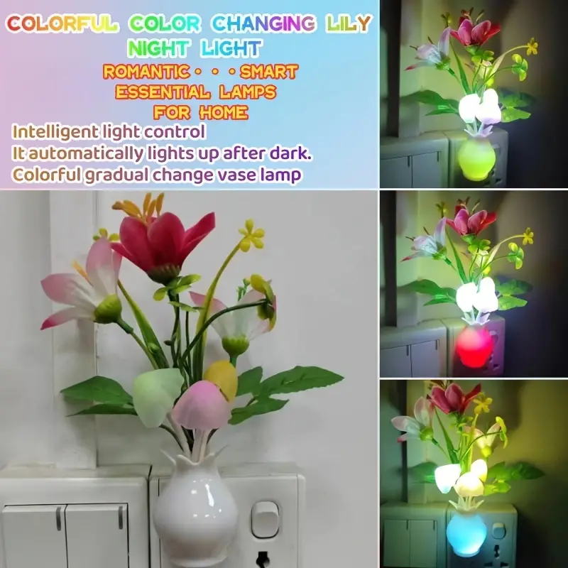 1pc US Standard Smart Night Sense LED Lily Vase Colorful Night Light, Smart  Light Control LED Light Energy-saving Beautiful And Practical Night Light