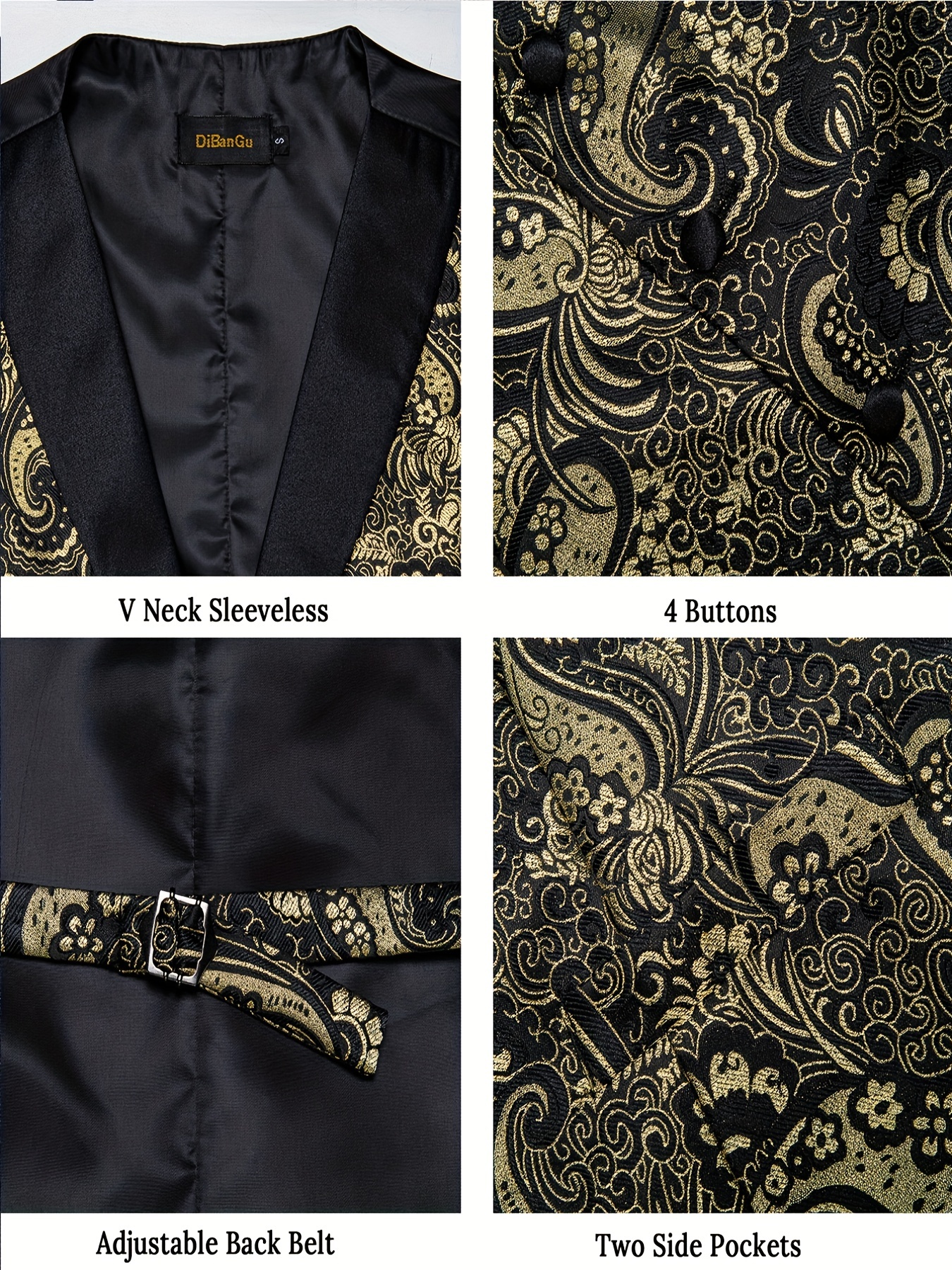 Black Golden Paisley Jacquard Silk Vest Pocket Square Cufflinks Tie Set  Waistcoat Suit Set