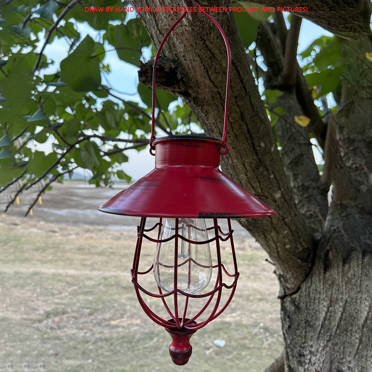 

1pc Solar-powered Metal Lantern, Vintage Hollow-out Design, Red/green Outdoor Garden Light, Porch And Yard Decor With Hanging Hook