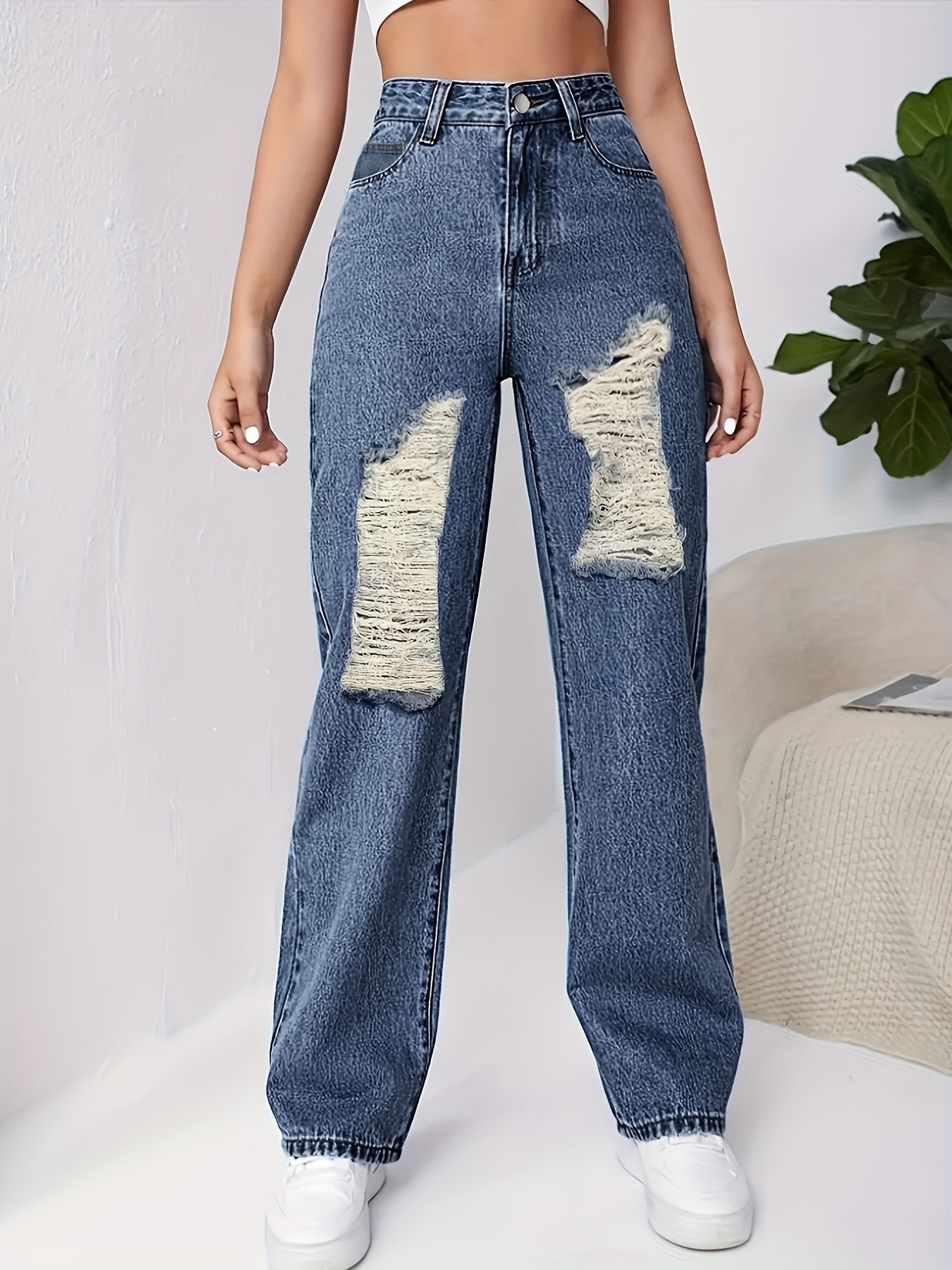 Loose Fit Straight Jeans, Slash Pockets Wide Leg Baggy Casual Stretchy Denim  Pants, Women's Denim Jeans & Clothing - Temu