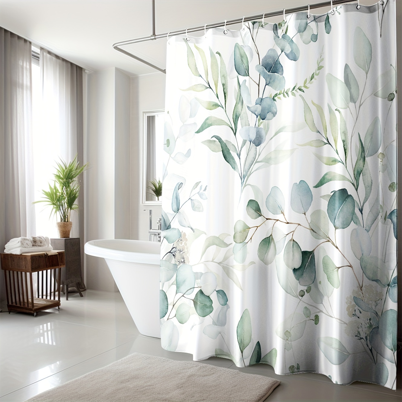 1pc Waterproof Flower and Grass Leaves Shower Curtain with 12 Hooks - Soft  and Durable Fabric for Bathroom Decor