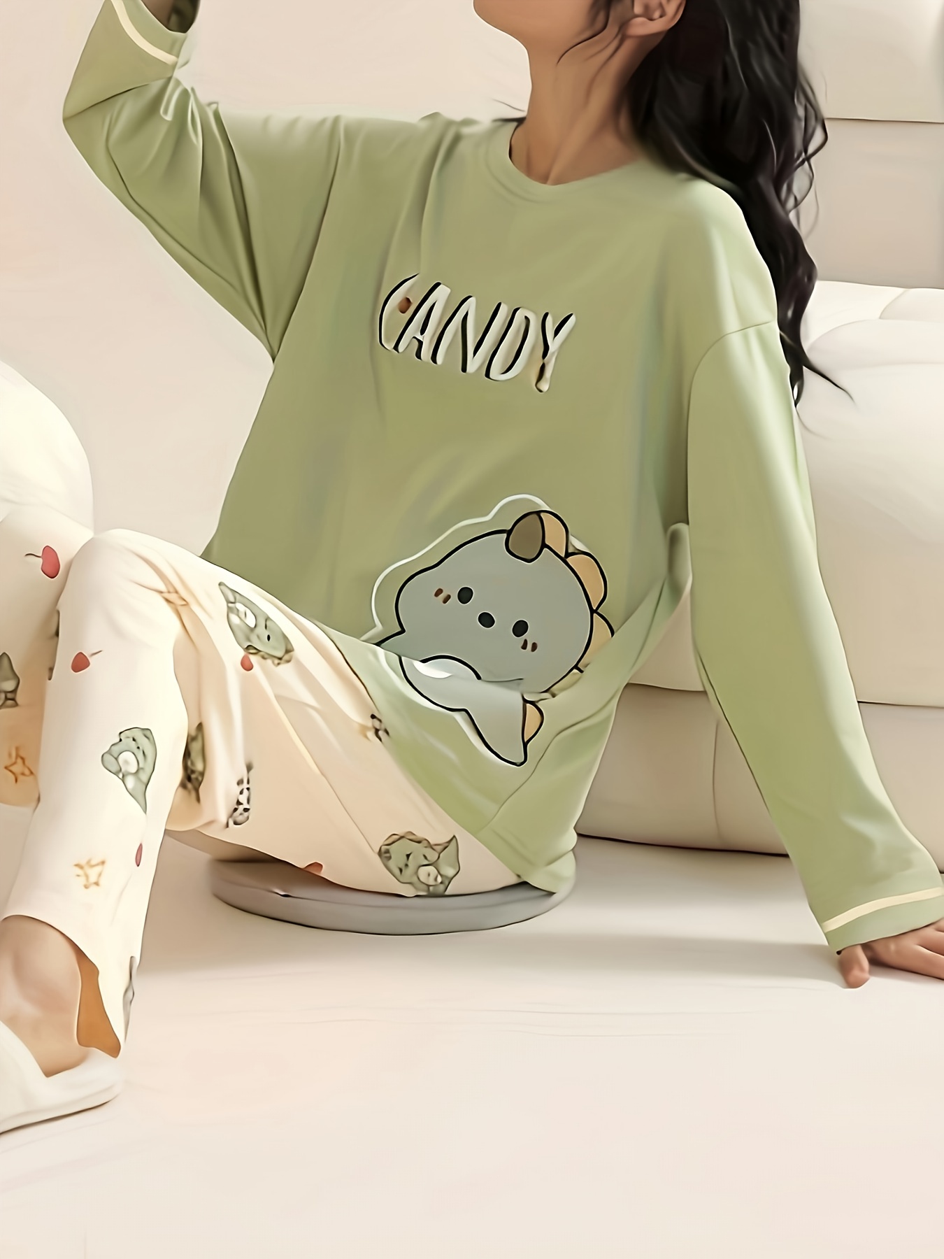 Cartoon Dinosaur Print Pajama Set Long Sleeve Crew Neck Top - Temu