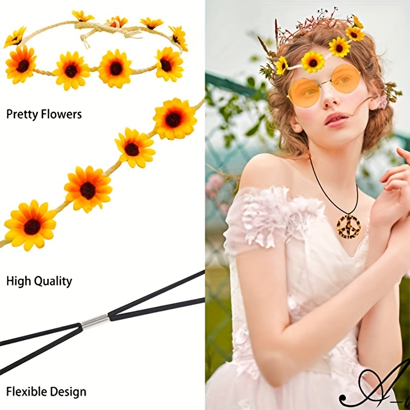 6/7 Pezzi/set Set Costume Hippie Da Donna Accessori Logo Pace Collana E  Orecchini Occhiali Da Sole Fiori Fascia Hippie Copricapo Polsino Per  Accessori