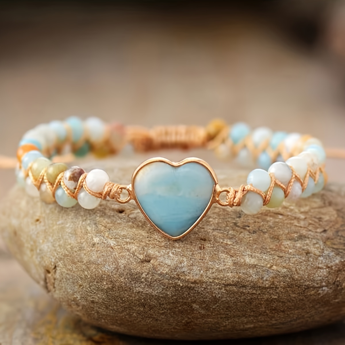 

1pc Double Row Natural Stone Beads Beaded Bracelet Elegant Love Heart Hand String Jewelry