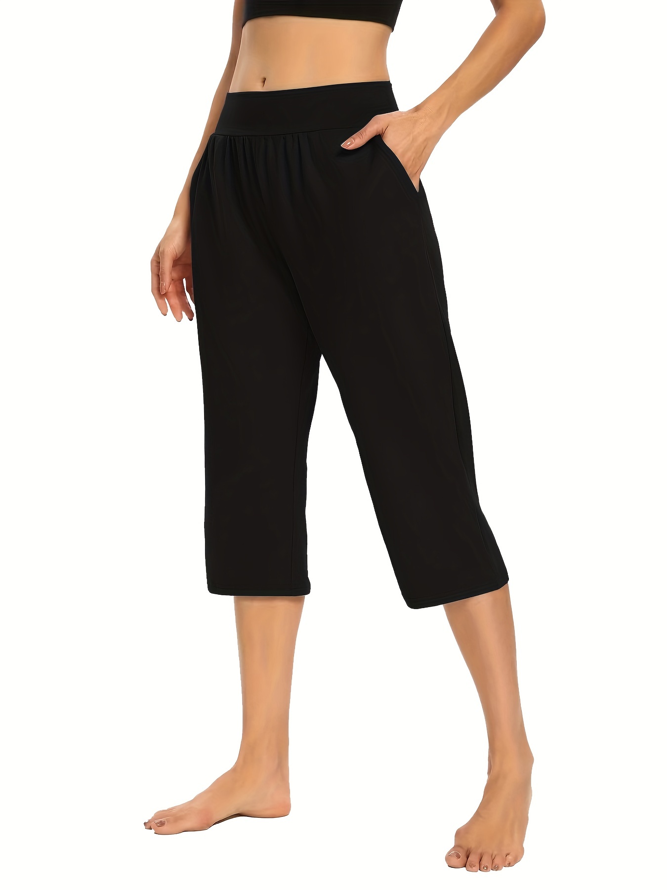 VERUGU Capris Pants for Women Drawstring Large Solid Casual Versatile Loose  Cropped Pants Black S 