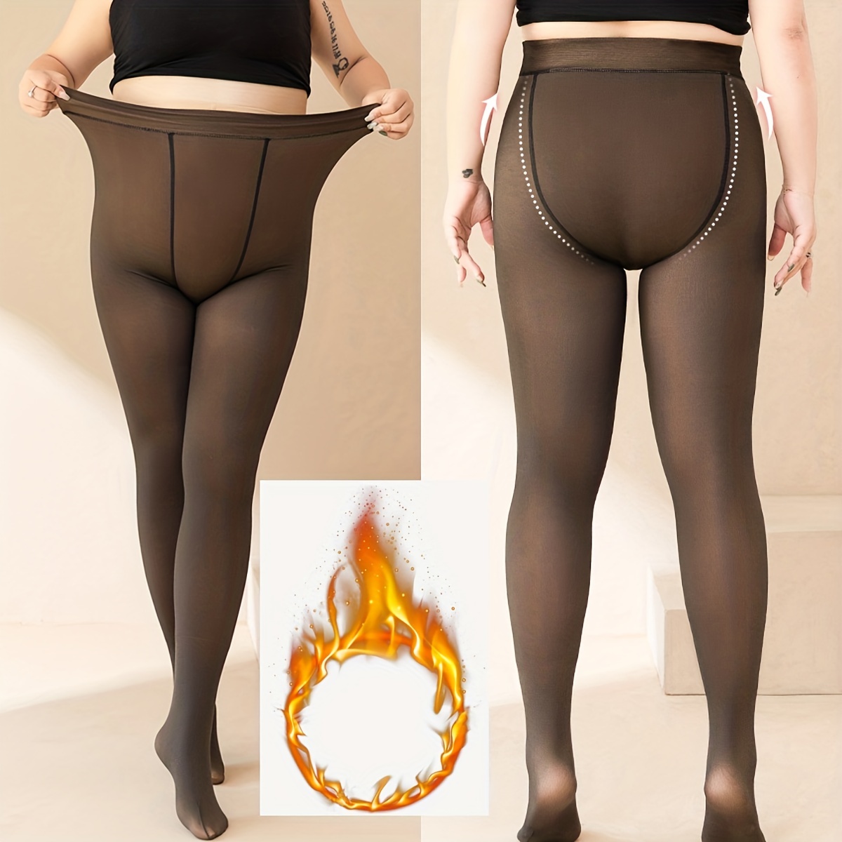 Plus Size Casual Pantyhose, Women's Plus * Translucent High Waisted Warm  Fleece Winter Thermal Tights