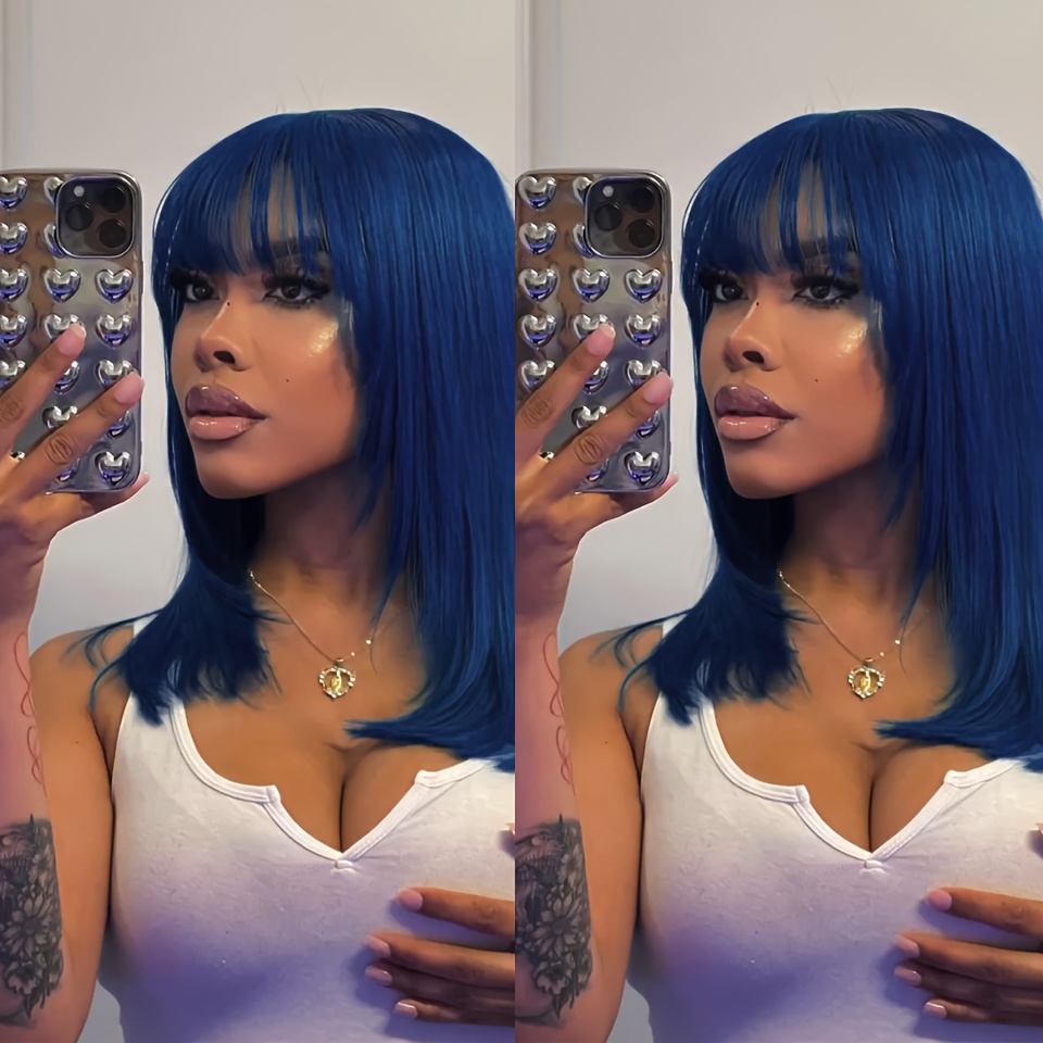 Blue Human Hair Bob Wig Bangs Wear Go Wigs Women Short Temu