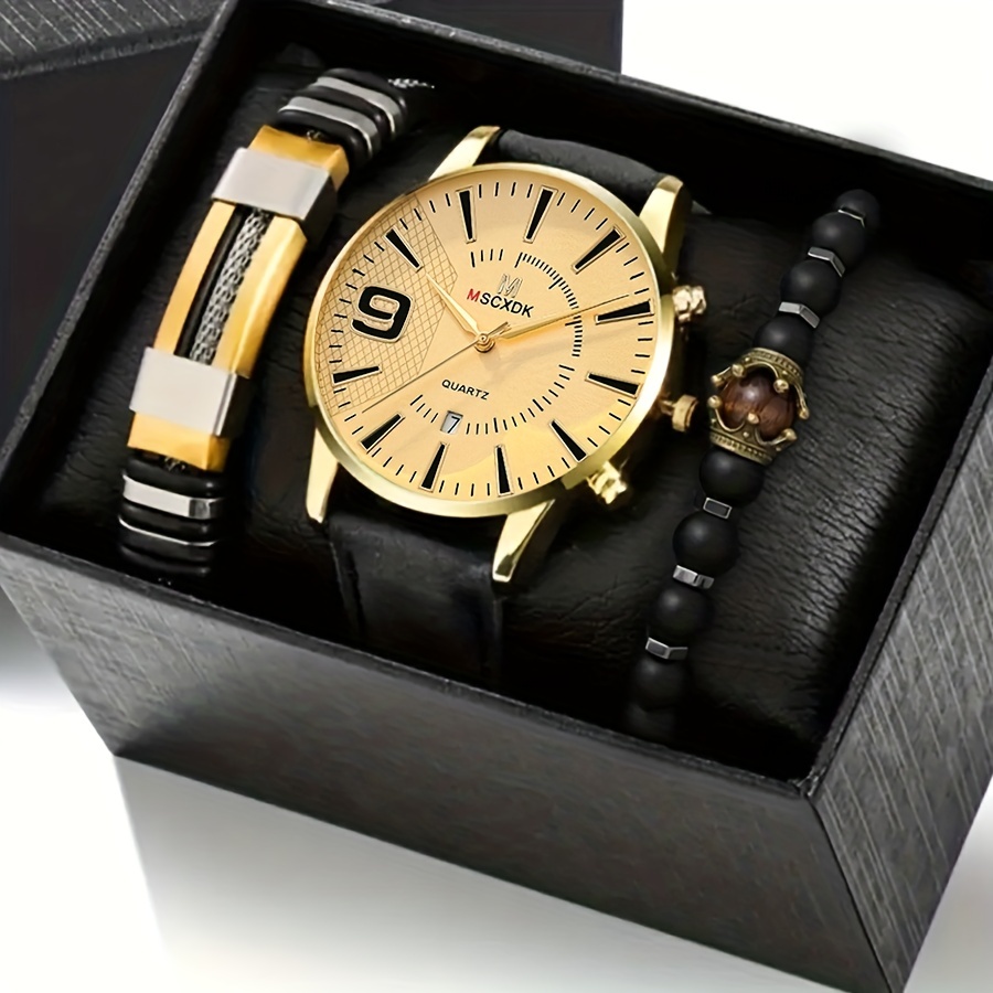 4pcs Set Fashion Mens Sports Calendar Quartz Watch Bracelets Set