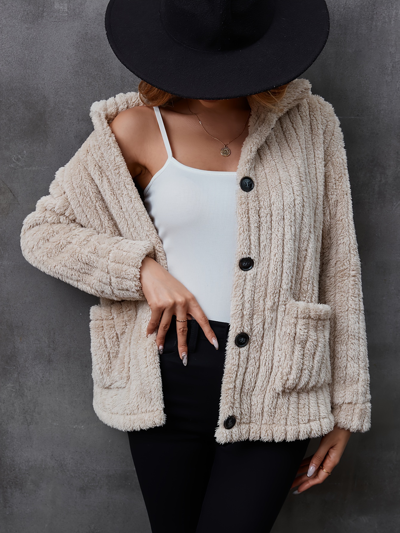 Fuzzy Solid Teddy Coat Casual Button Front Long Sleeve Warm - Temu Japan