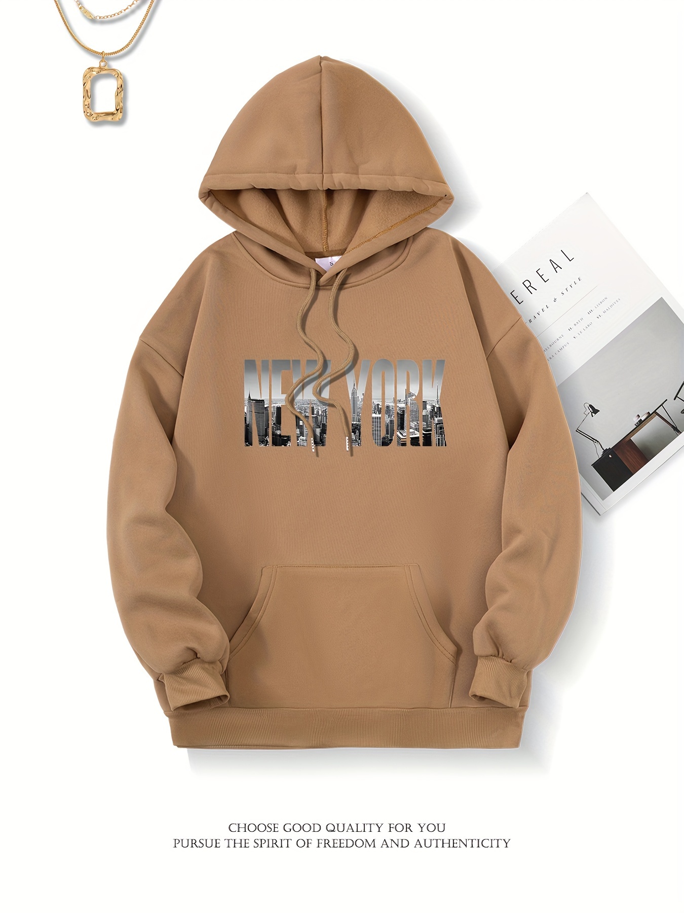 New York Lettre Graphique Doubl Polaire Poche Kangourou Pull