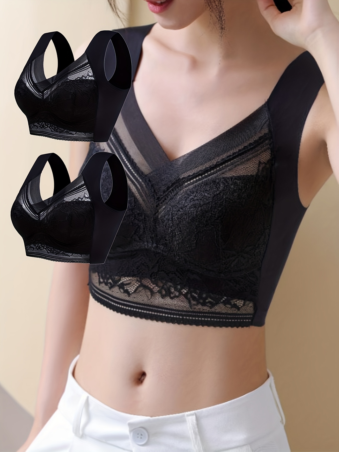 Contrast Lace Wireless Bras Comfy Breathable Full Coverage - Temu United  Kingdom