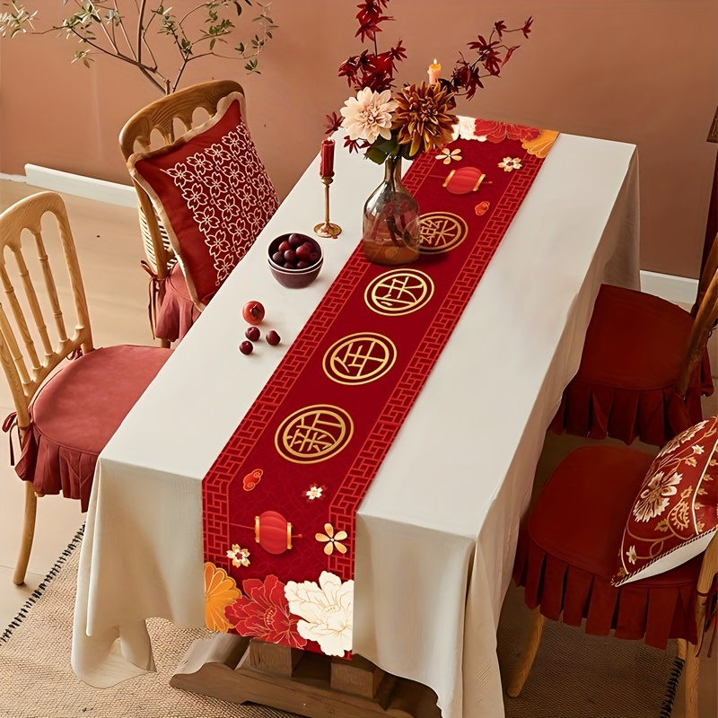 

1pc Festive 2025 Chinese New Year Table Runner - Vibrant Red With Golden Floral & Symbols, Polyester, Machine-woven - Ideal For Spring Festival & Holiday Dining Decor, New Years Decorations