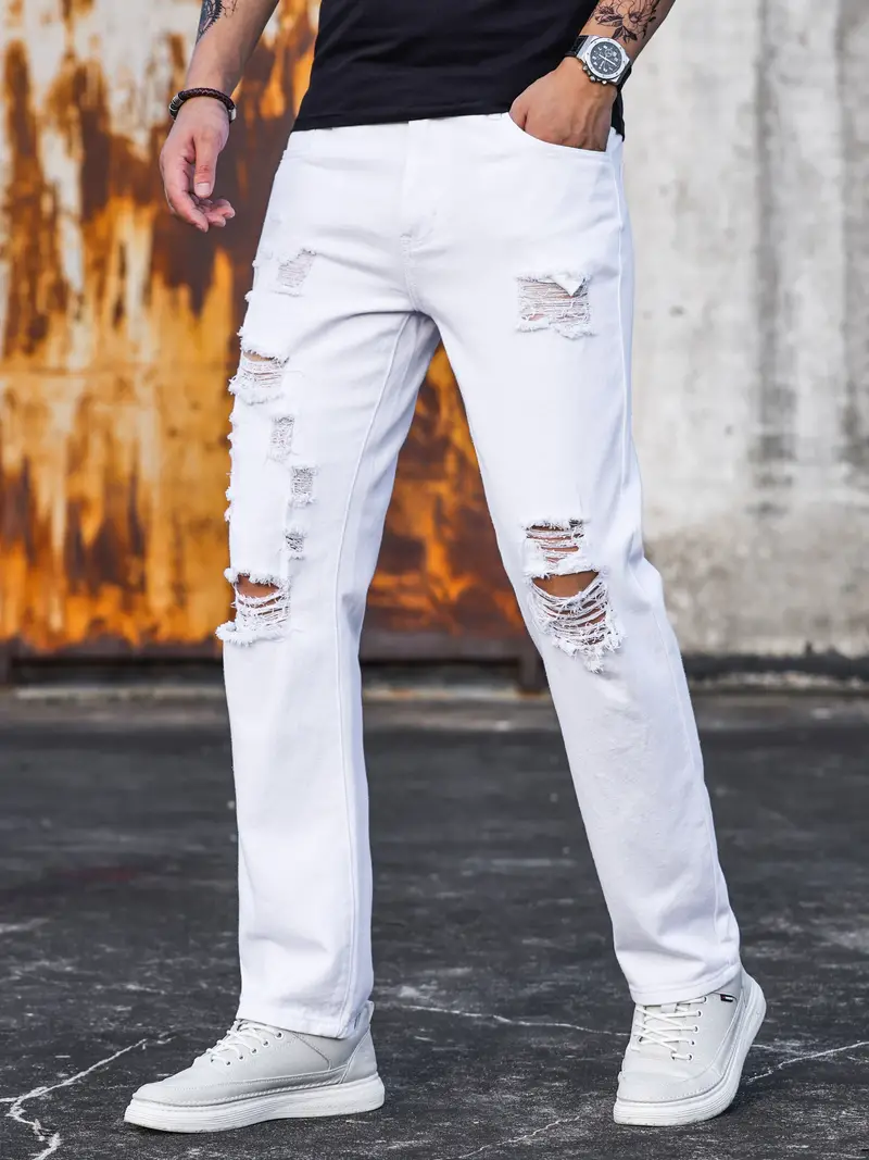 Loose Fit Ripped Jeans Men's Casual Street Style Denim Pants - Temu