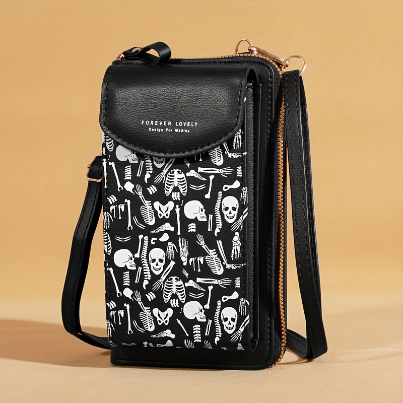 Skull Pattern Shoulder Bag, Goth Zipper Crossbody Bag, Halloween Purse For Shopping