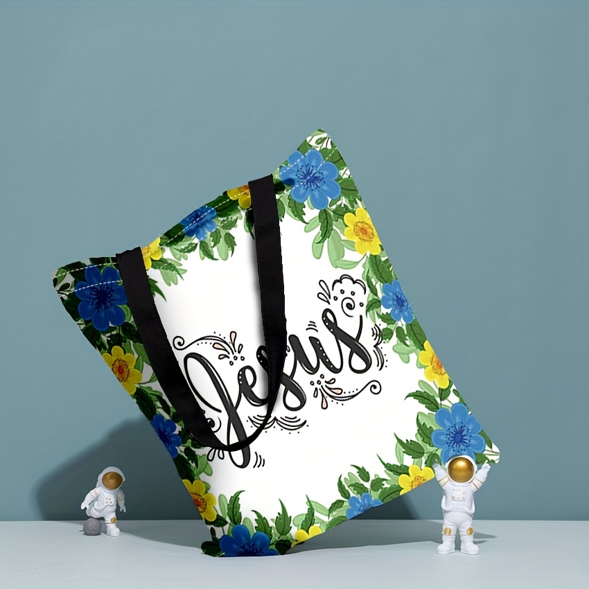Flower & Letters Print Canvas Handbag Lightweight Shoulder Bag