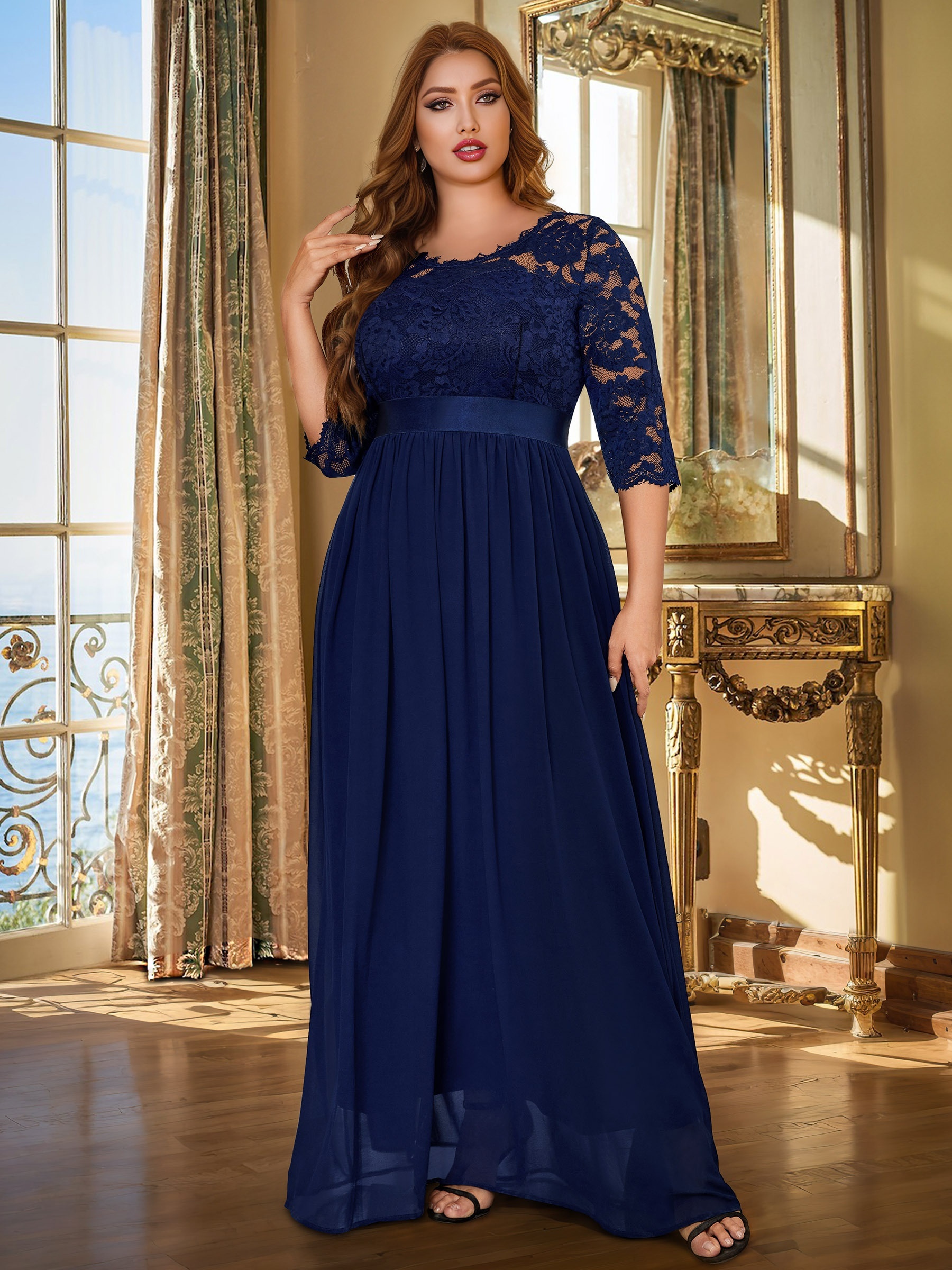 2021 Women Long Maxi Party Dress Lace Elegant Sleeveless Blue Gown Plus Size  Formal Dress
