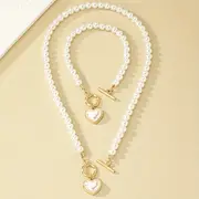 2pcs necklace bracelet elegant jewelry set made of milky stone 18k gold plated trendy heart ot buckle design match daily outfits details 4