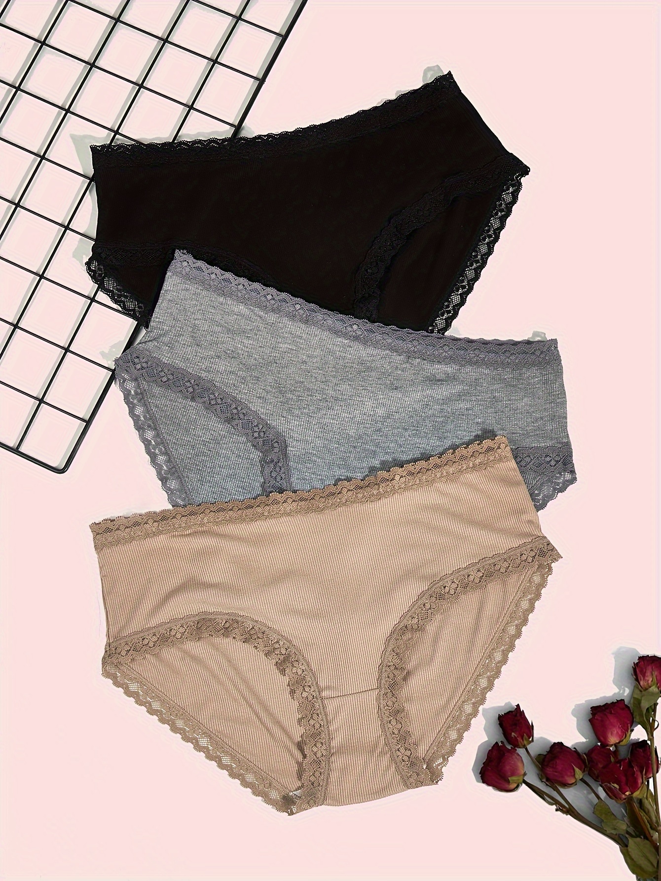 Plus Size Simple Panties Set Women's Plus Contrast Lace Trim - Temu