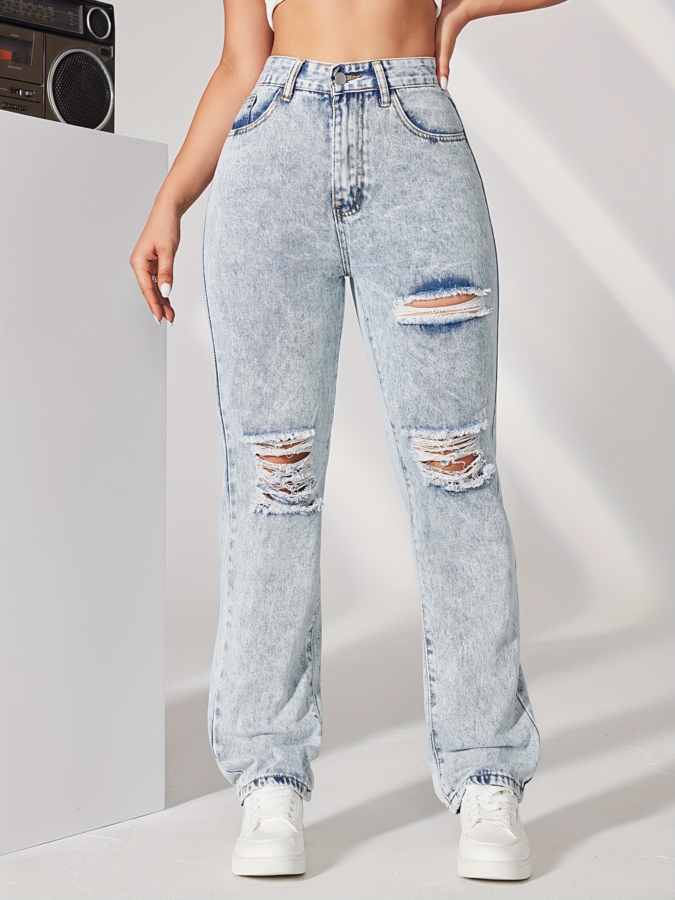 Ripped Holes Chic Straight Jeans, Loose Fit Non-Stretch Slant