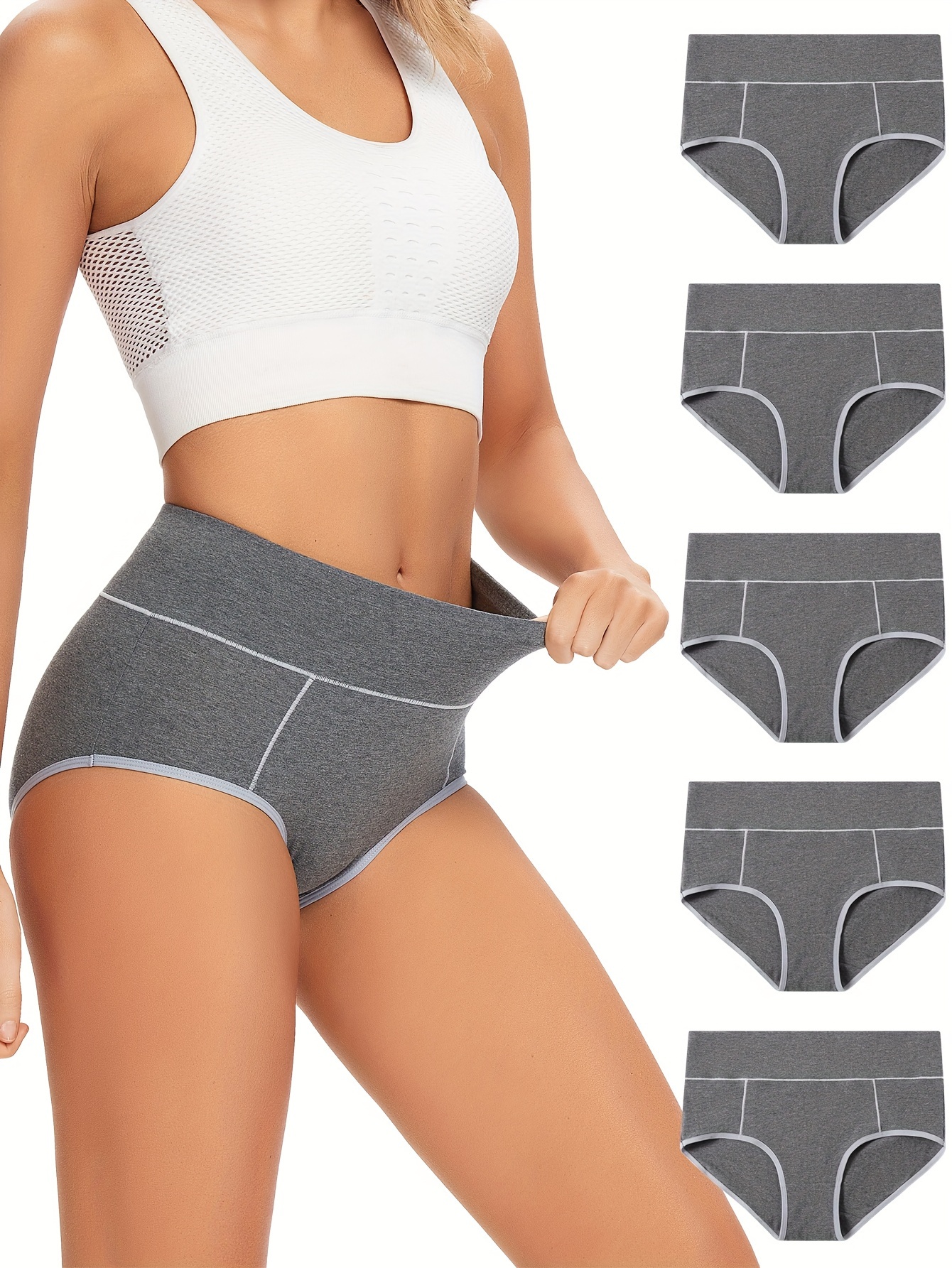 5 Pack Women's Simple Panties Set, Plus Size Contrast Binding Full Coverage  High * Comfort Panties 5pcs Set