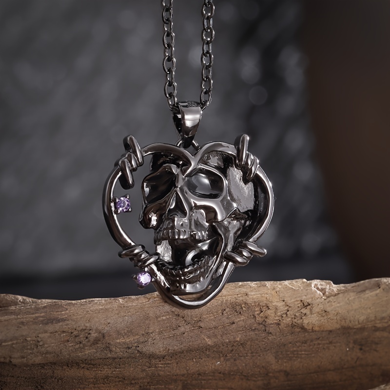 1pc Gothic Alloy Heart & Skull Pendant Necklace Women Halloween Decoration