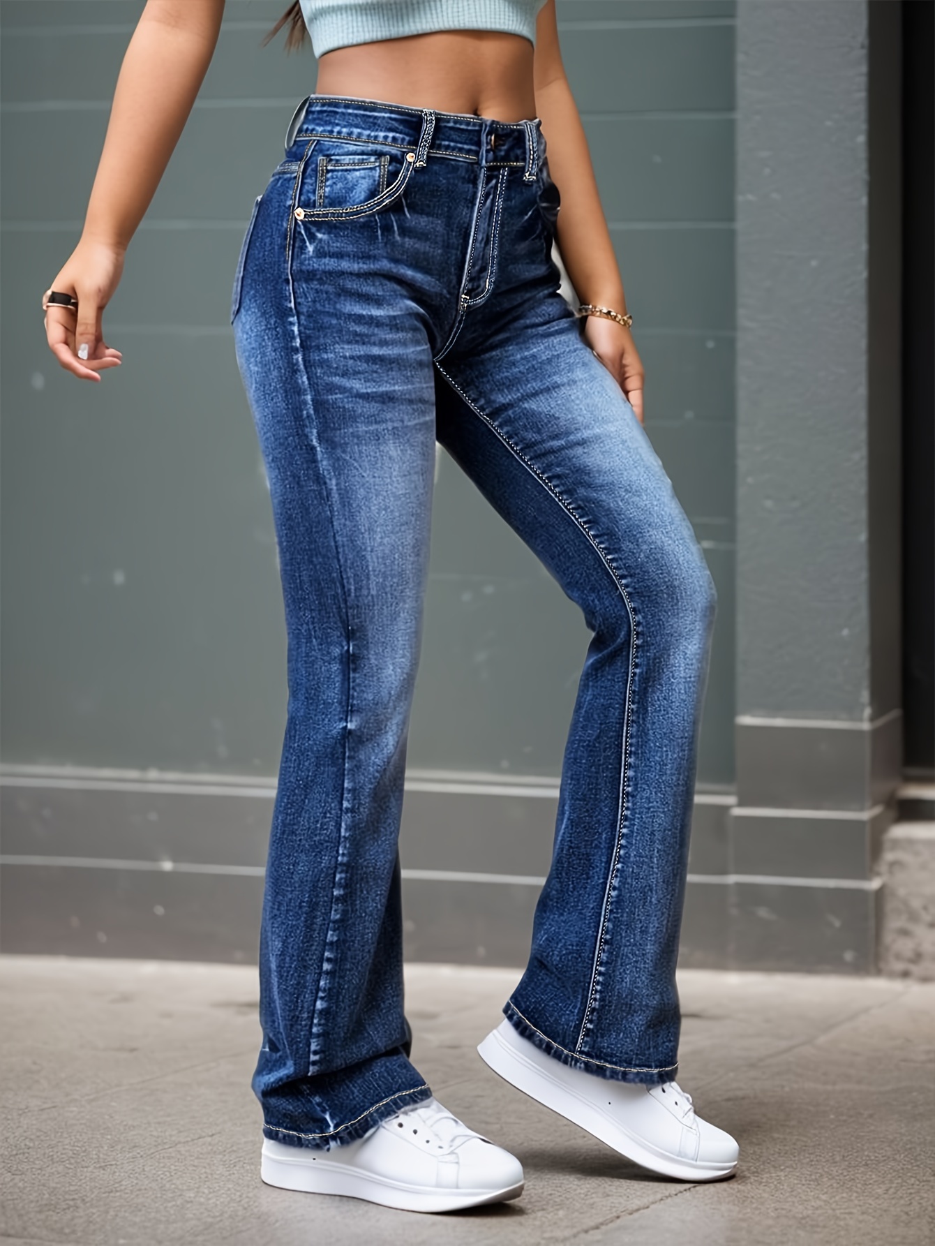 blue water ripple embossed flare jeans high waist high stretch washed denim trousers womens denim jeans clothing details 7