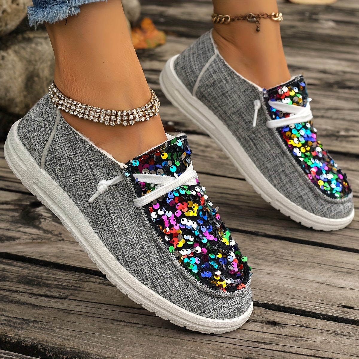 Women's Glitter Sequins Decor Sneakers Casual White Lace Up - Temu