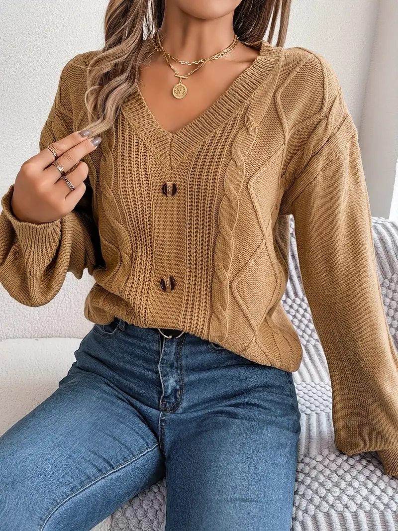 Cable Knit V Neck Button Sweater Casual Long Sleeve Loose - Temu