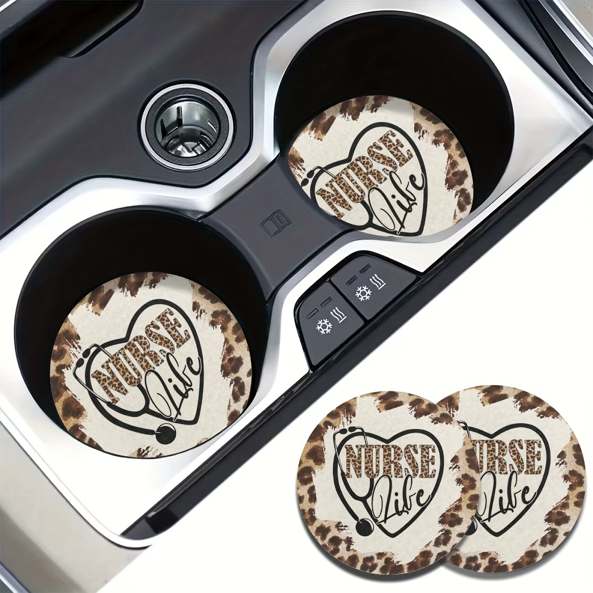 

2pcs Nurse & Leopard Absorbent Car Cup Holder Coaster Mats - Car Interior Accessories For Women, Water Cup Coasters For Car Vehicles & Home Desk