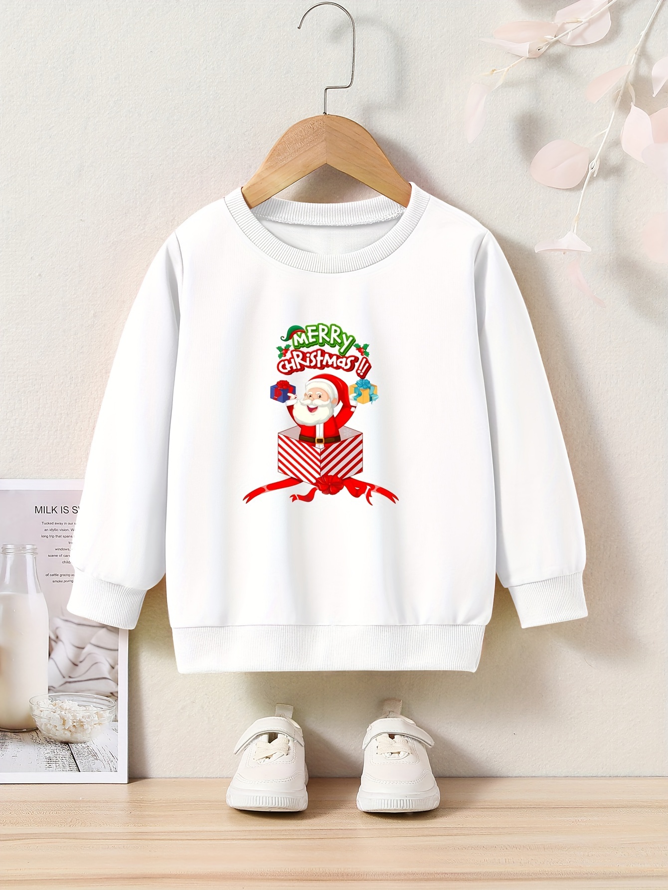 Christmas Santa Print Girls Sweatshirt Crew Neck Tops